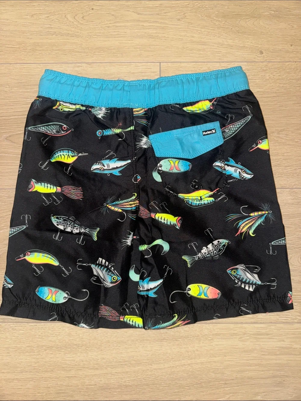 Hurley Black Swim Trunks with Turquoise Waistband and Neon Lure Print